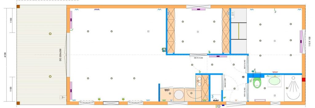 Grundrissentwurf einteiliges Mobilheim 4,90 x 13,00 zzgl. ueberdachte Terrasse 2,50 x 4,90 m