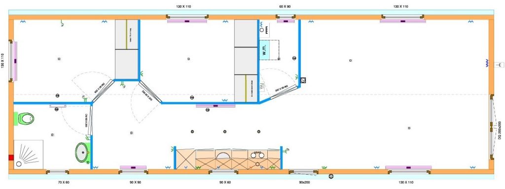 Grundrissentwurf einteiliges Mobilheim 4,90 x 14,90 m